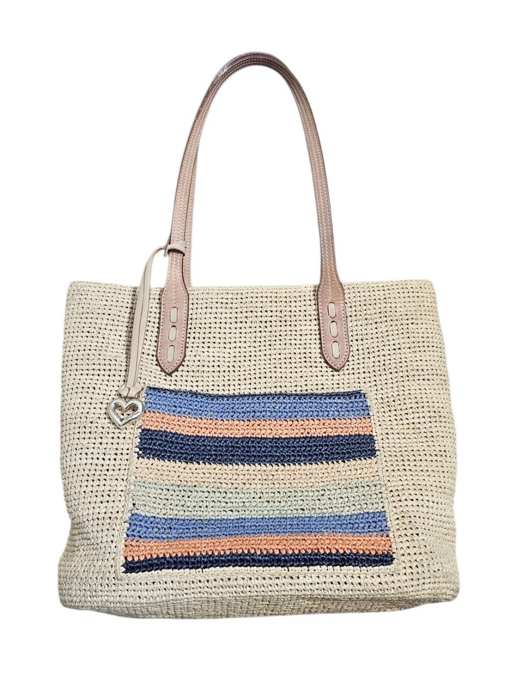 Brighton Woven Straw Tote Bag with Blue & Peach Stripes